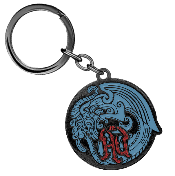 Keychain with blue and red The Hu  design on a white background