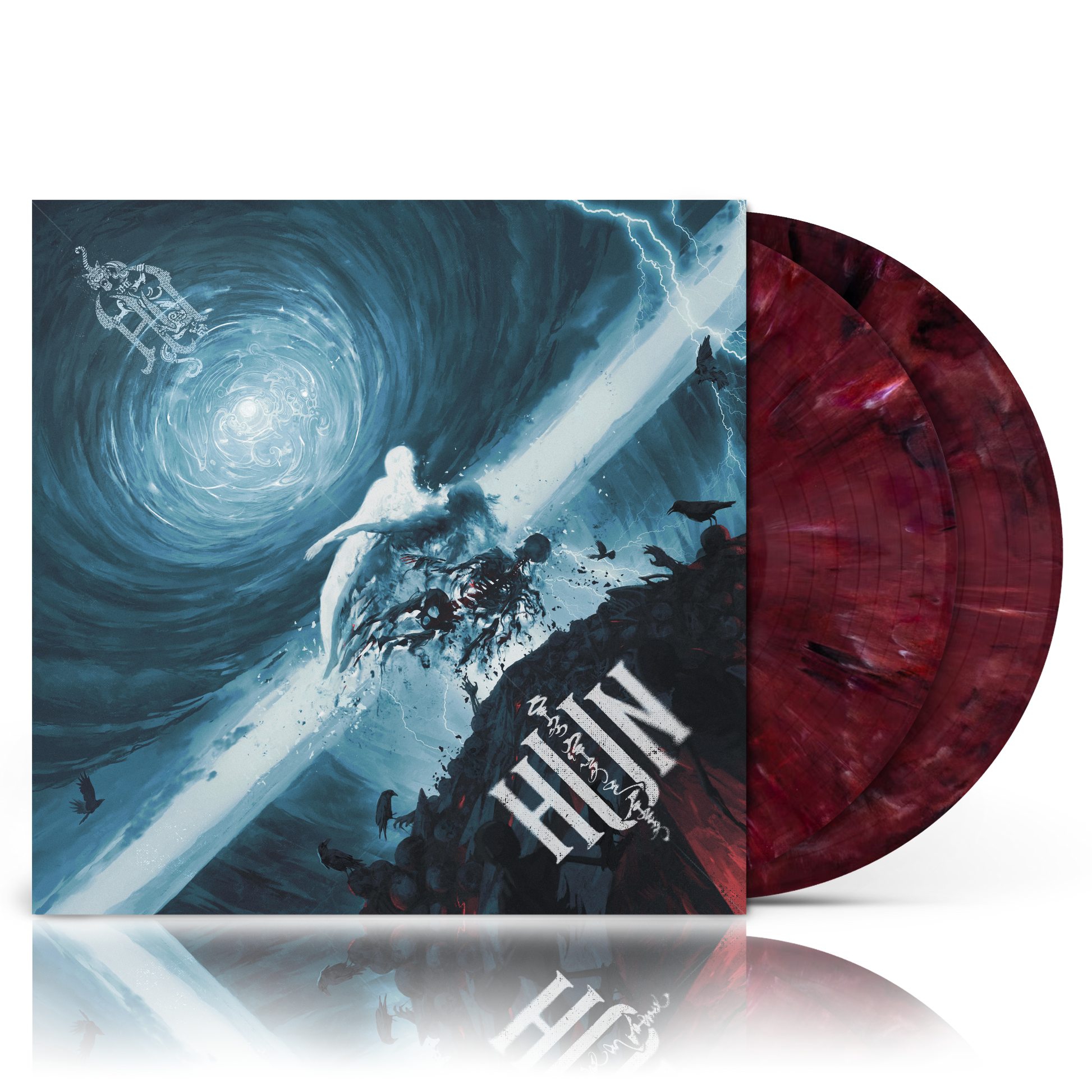 Vinyl record with a dramatic cover featuring a sword and celestial design, alongside a red marbled vinyl disc.