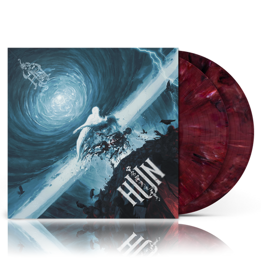 Vinyl record with a dramatic cover featuring a sword and celestial design, alongside a red marbled vinyl disc.