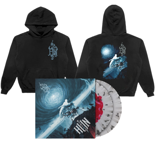 Black hoodie with artistic designs on front and back, alongside a vinyl record and sleeve.