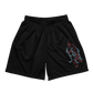 Black shorts with a red and gray The Hu logo on a white background