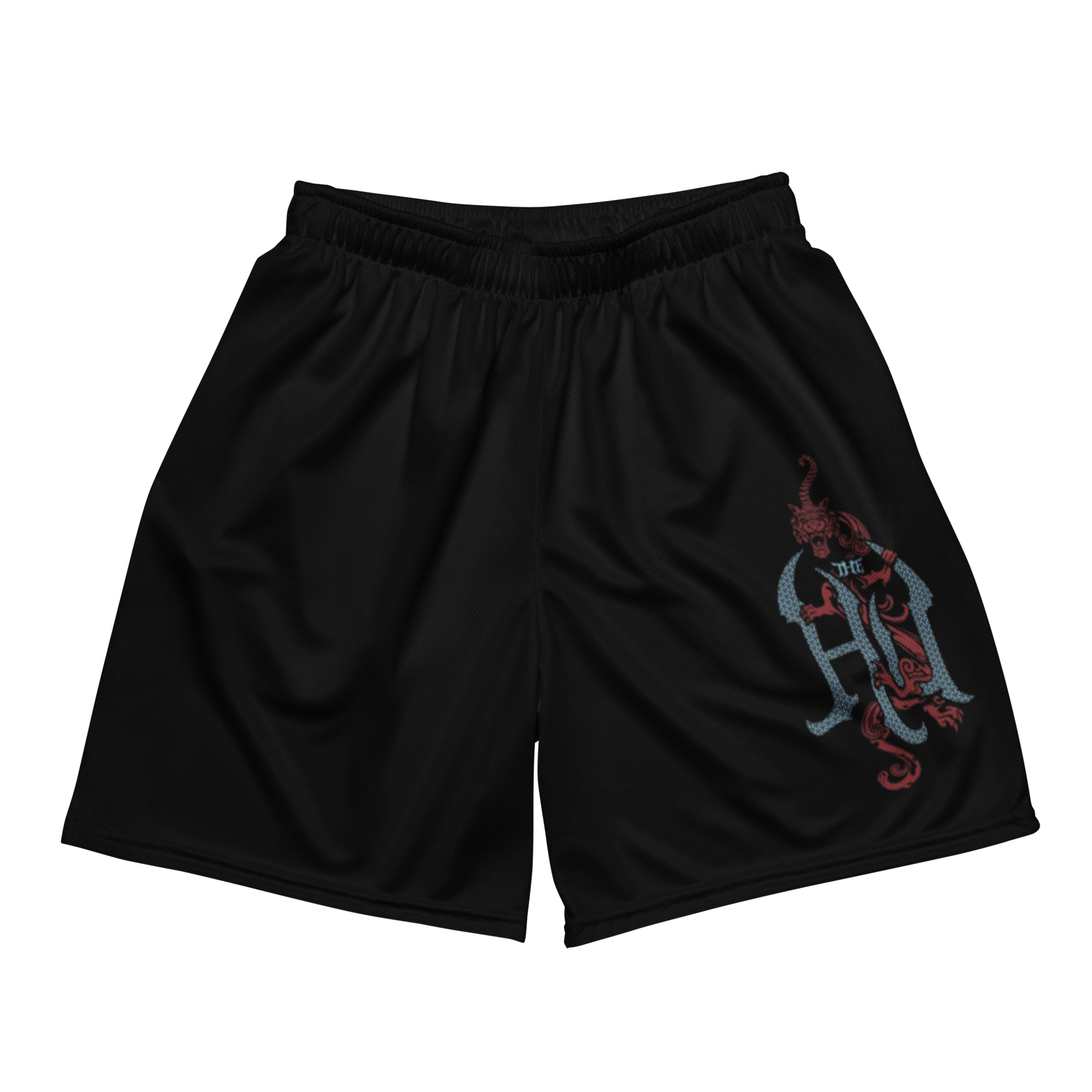 Black shorts with a red and gray The Hu logo on a white background