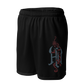 Black shorts with a decorative The Hu  logo on a white background