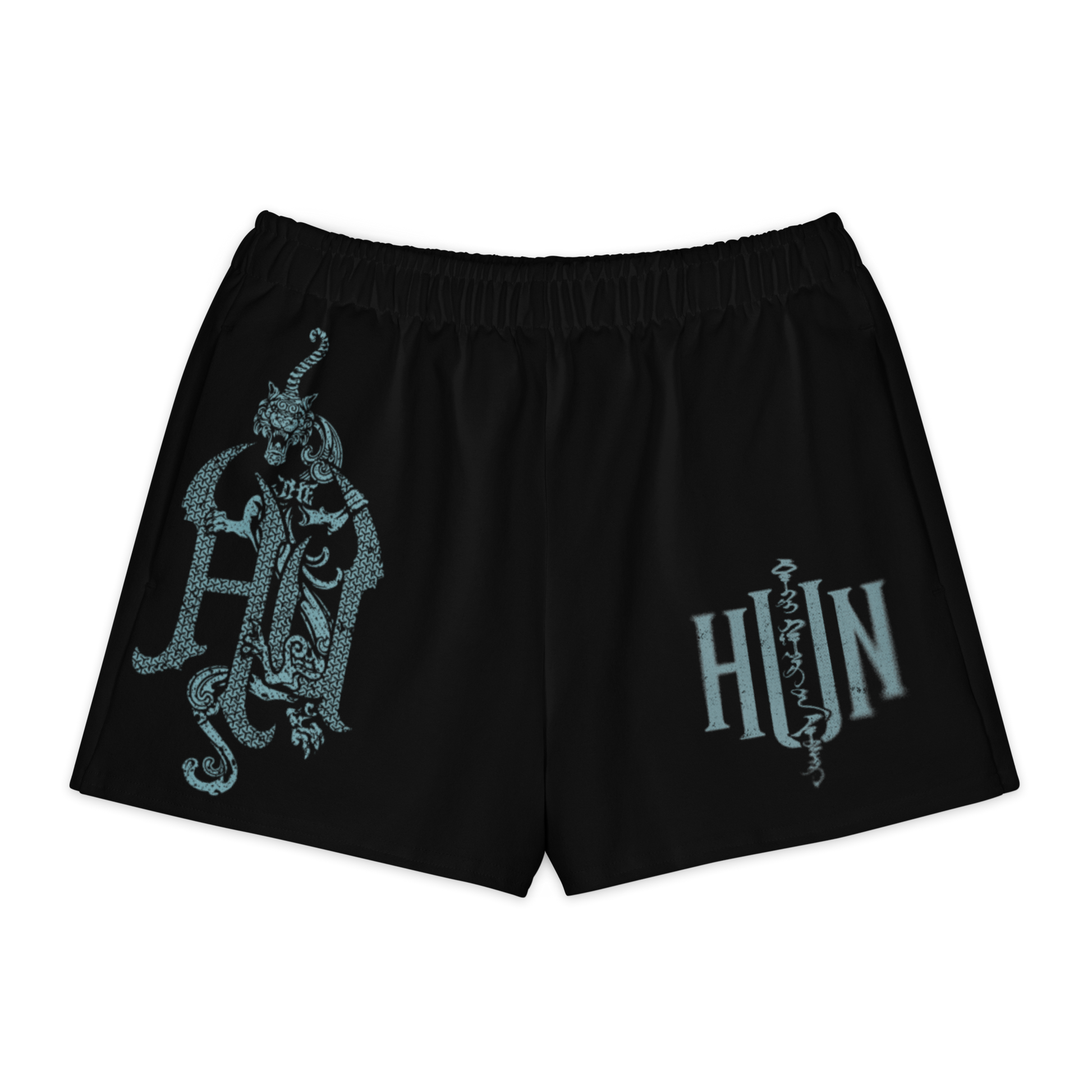 Black shorts with a decorative design and 'HUN' text on a white background