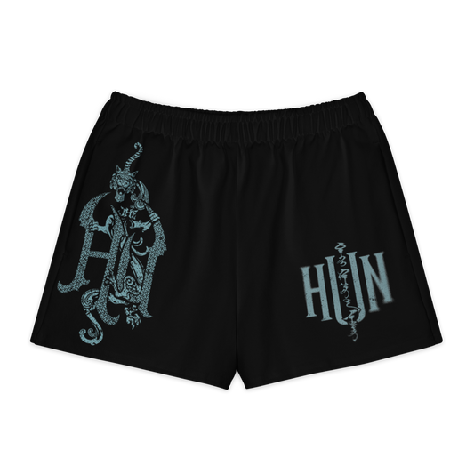 Black shorts with a decorative design and 'HUN' text on a white background