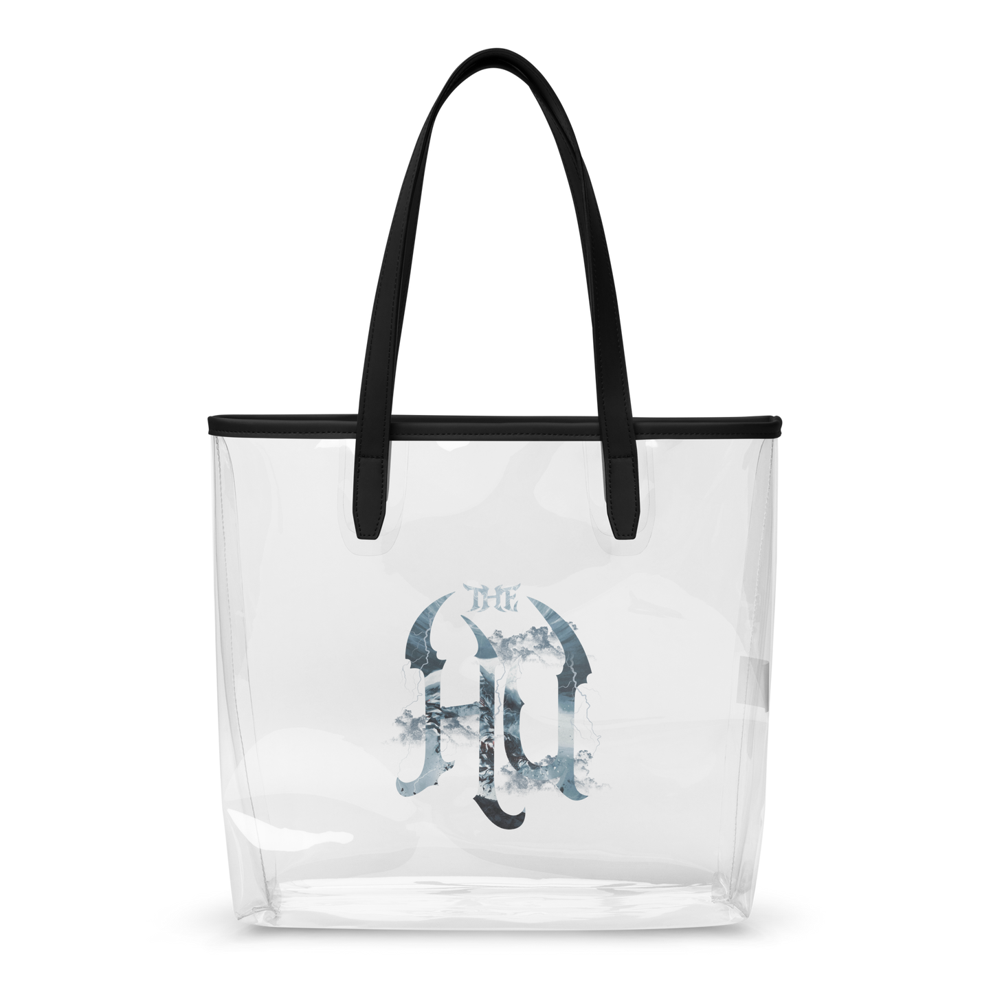 Clear tote bag with black handle and blue floral design on a white background