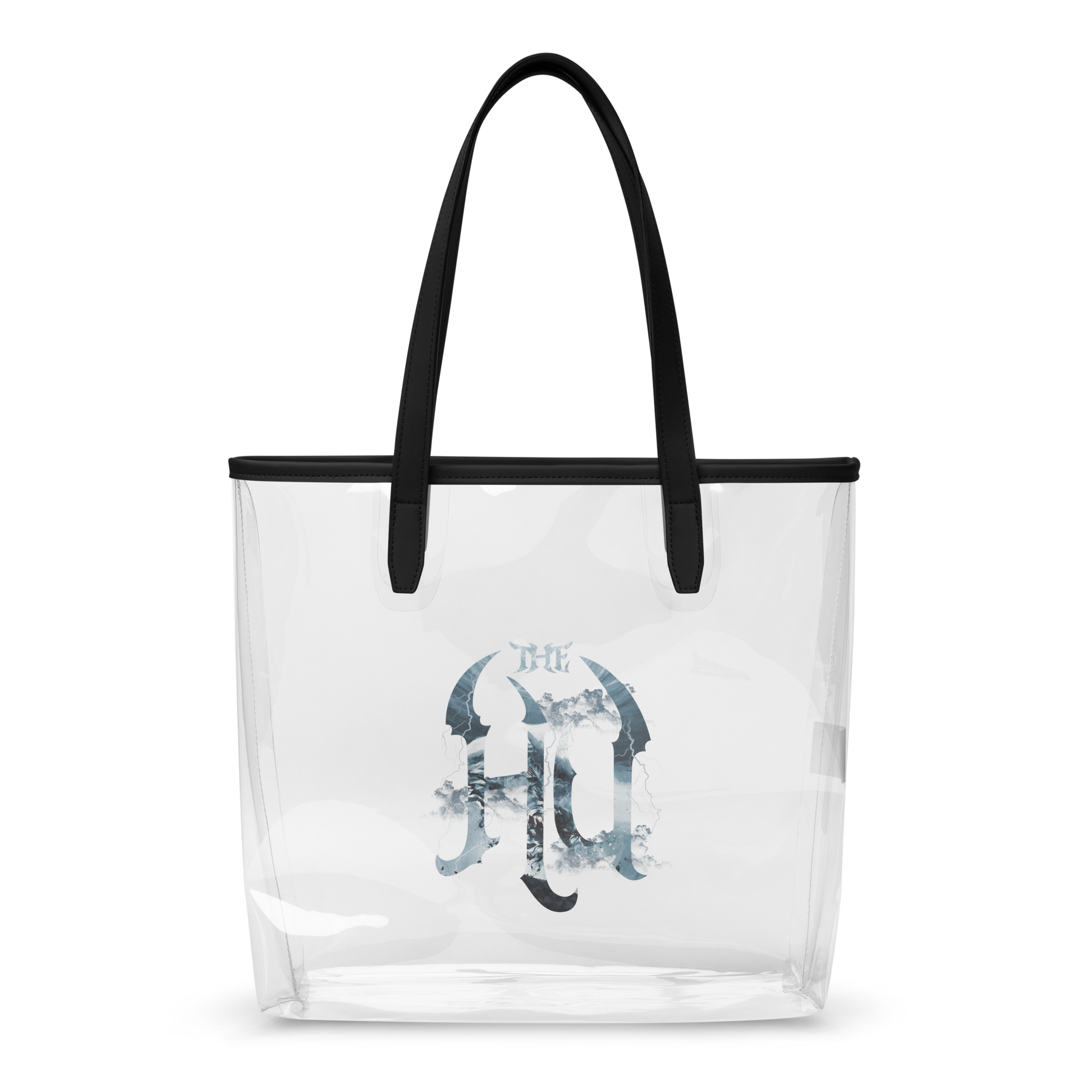 Clear tote bag with black handle and blue floral design on a white background