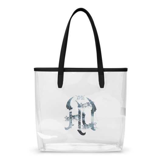 Clear tote bag with black handle and blue floral design on a white background