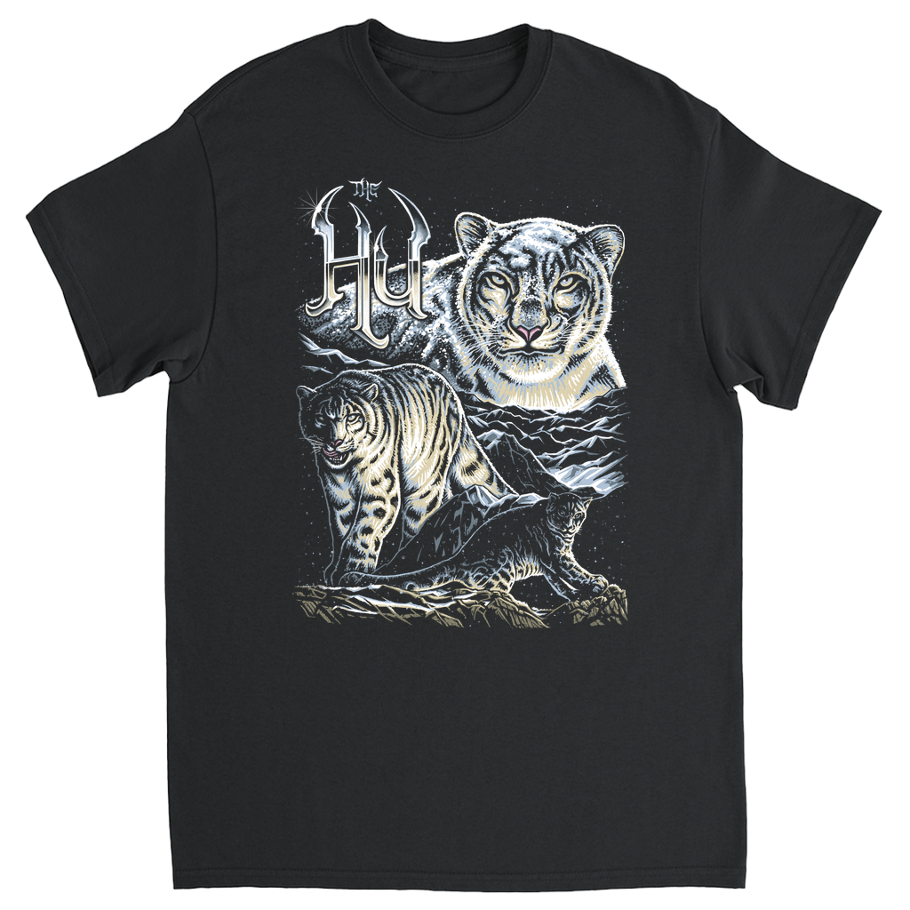 Black T-shirt featuring The Hu logo above a striking collage of snow leopards in a snowy mountain scene.