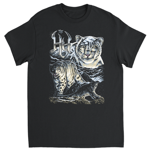 Black T-shirt featuring The Hu logo above a striking collage of snow leopards in a snowy mountain scene.