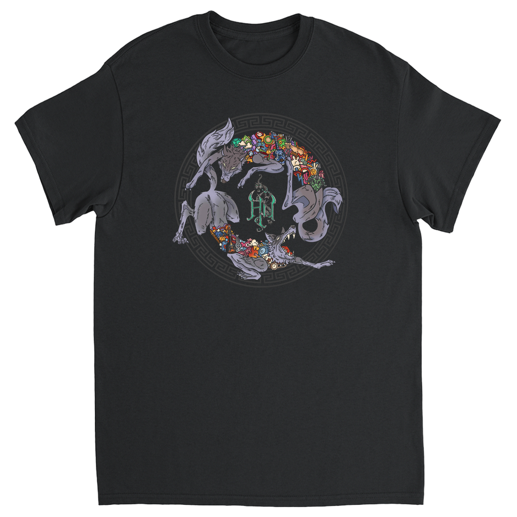Black t-shirt featuring a circular design of wolves interwoven with vibrant symbols and The Hu logo at the center.