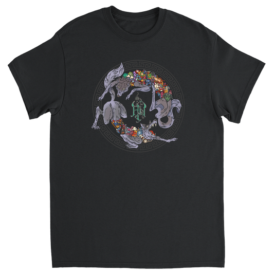 Black t-shirt featuring a circular design of wolves interwoven with vibrant symbols and The Hu logo at the center.