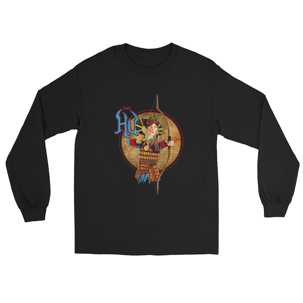 The Hu Black long sleeve t-shirt featuring a painted female archer in traditional Mongolian armor with a bow and arrow.