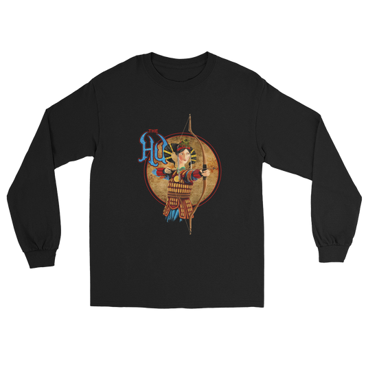 The Hu Black long sleeve t-shirt featuring a painted female archer in traditional Mongolian armor with a bow and arrow.