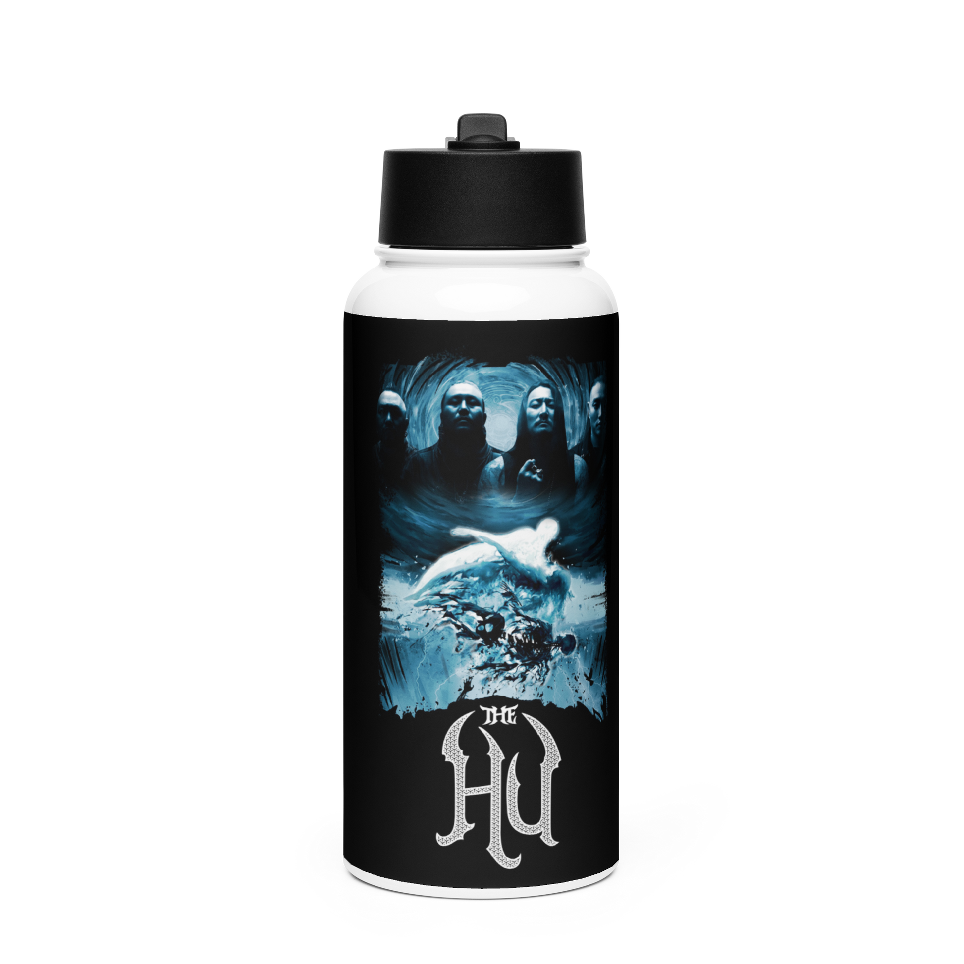 Water bottle with a black and white design featuring 'The Hu' logo on a white background
