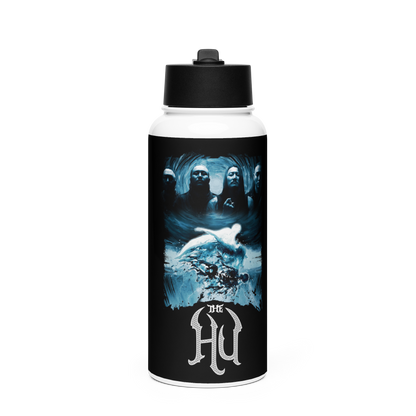 Water bottle with a black and white design featuring 'The Hu' logo on a white background
