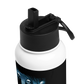 Black and white water bottle with a black lid on a white background