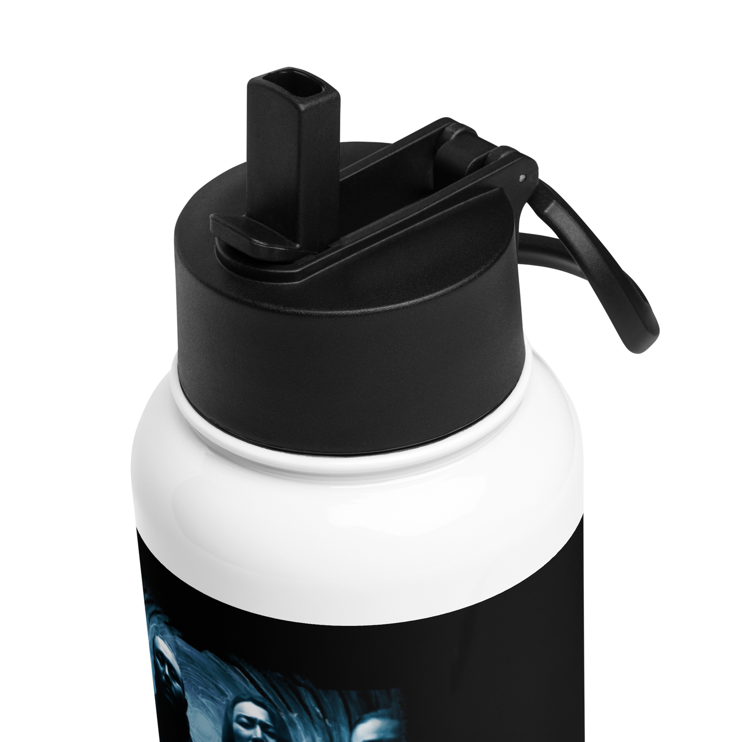 Black and white water bottle with a black lid on a white background