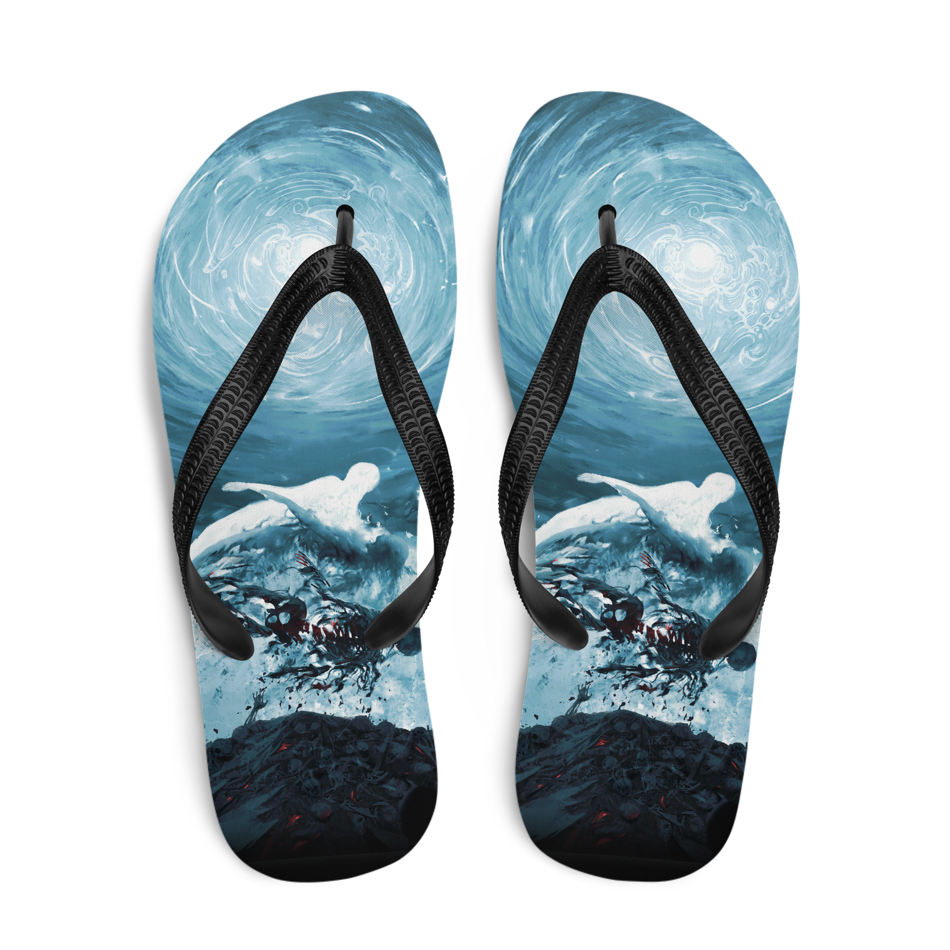 Flip-flops with a design of a person surfing on a wave.