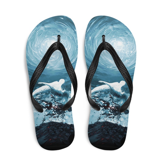 Flip-flops with a design of a person surfing on a wave.