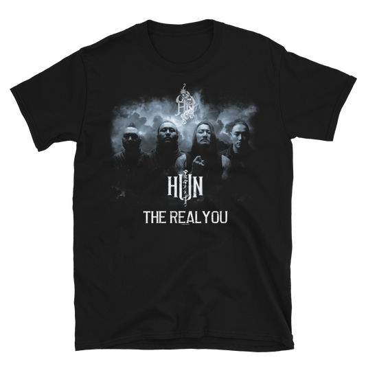 Black t-shirt with a graphic design of The Hu and text saying The Real You on a white background