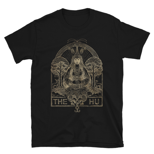 Black t-shirt with 'The Hu' graphic design on a white background