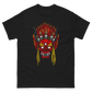 Black t-shirt with a red and yellow graphic design on a white background