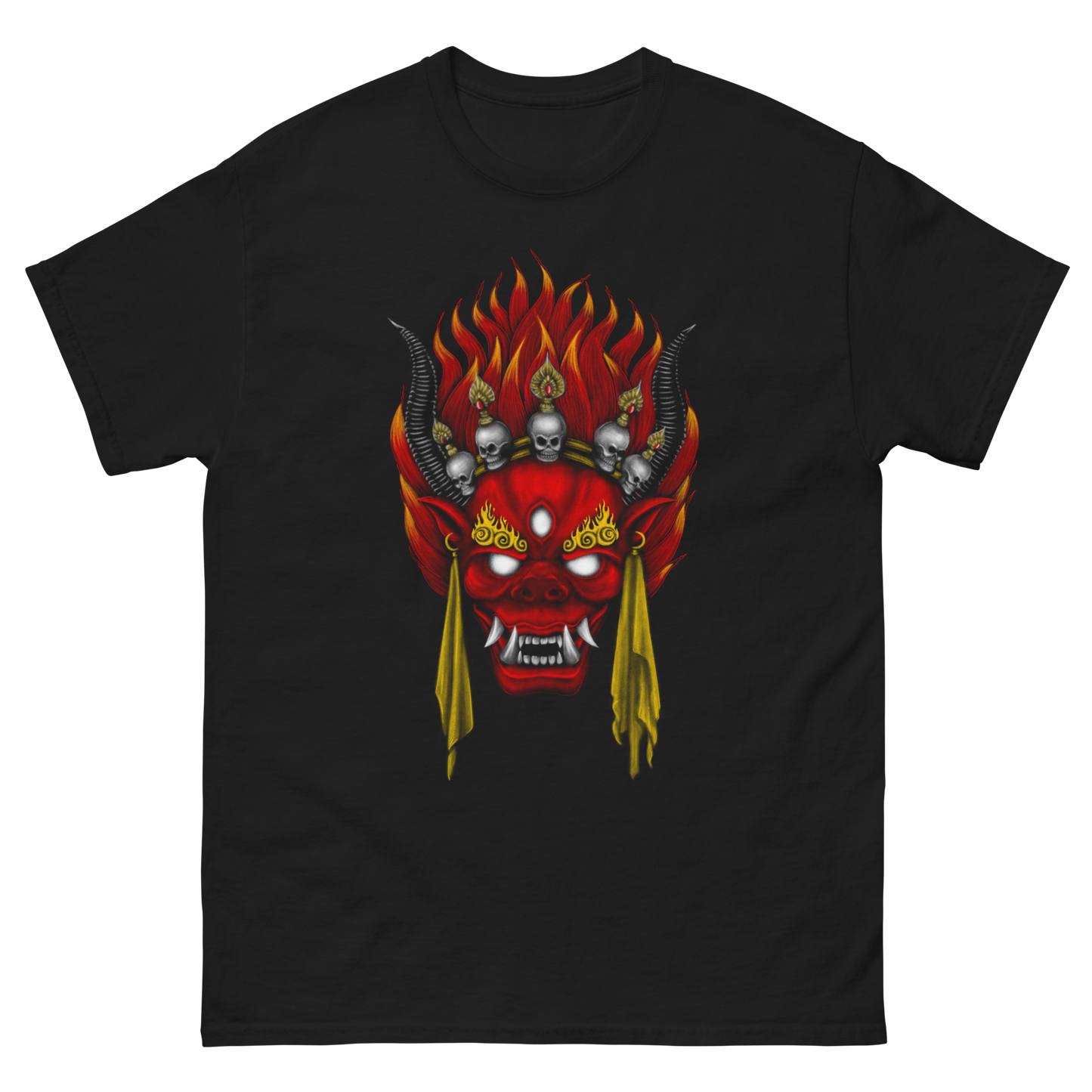 Black t-shirt with a red and yellow graphic design on a white background