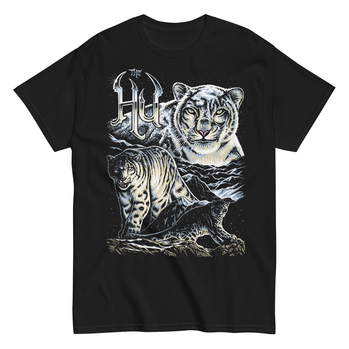 Black T-shirt featuring The Hu logo above a striking collage of snow leopards in a snowy mountain scene.