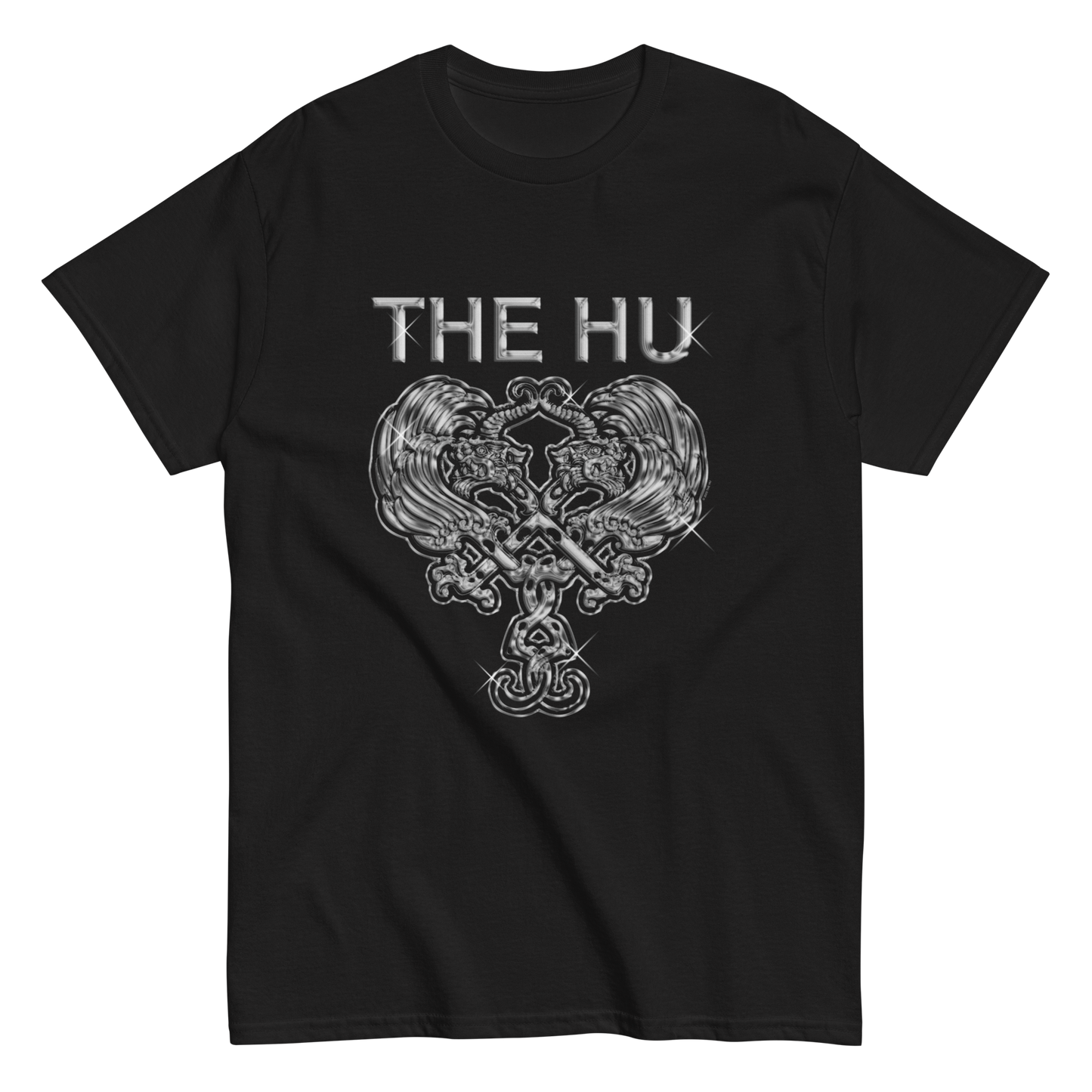 Black t-shirt with chrome crest design and “The Hu” text in metallic style.
