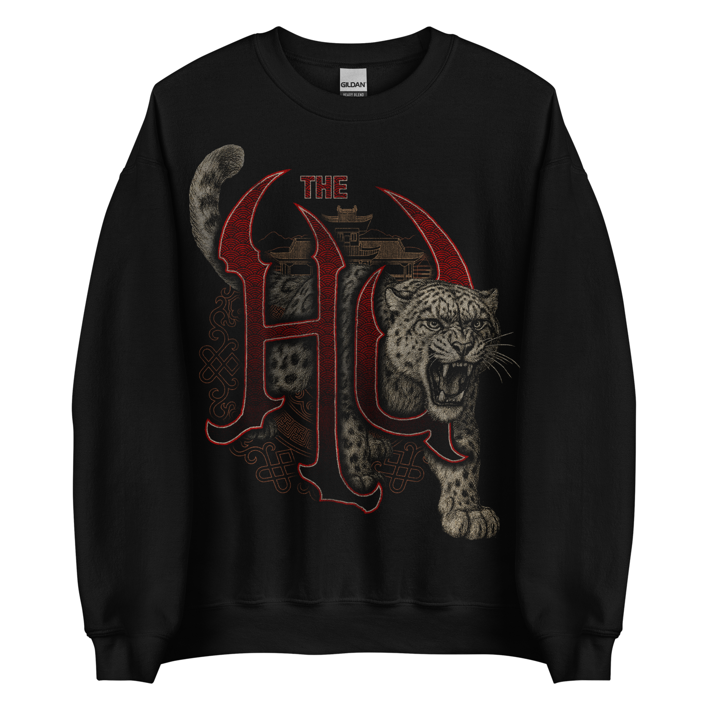 Snow leopard bursting through red The Hu logo on a black pullover crewneck sweatshirt.
