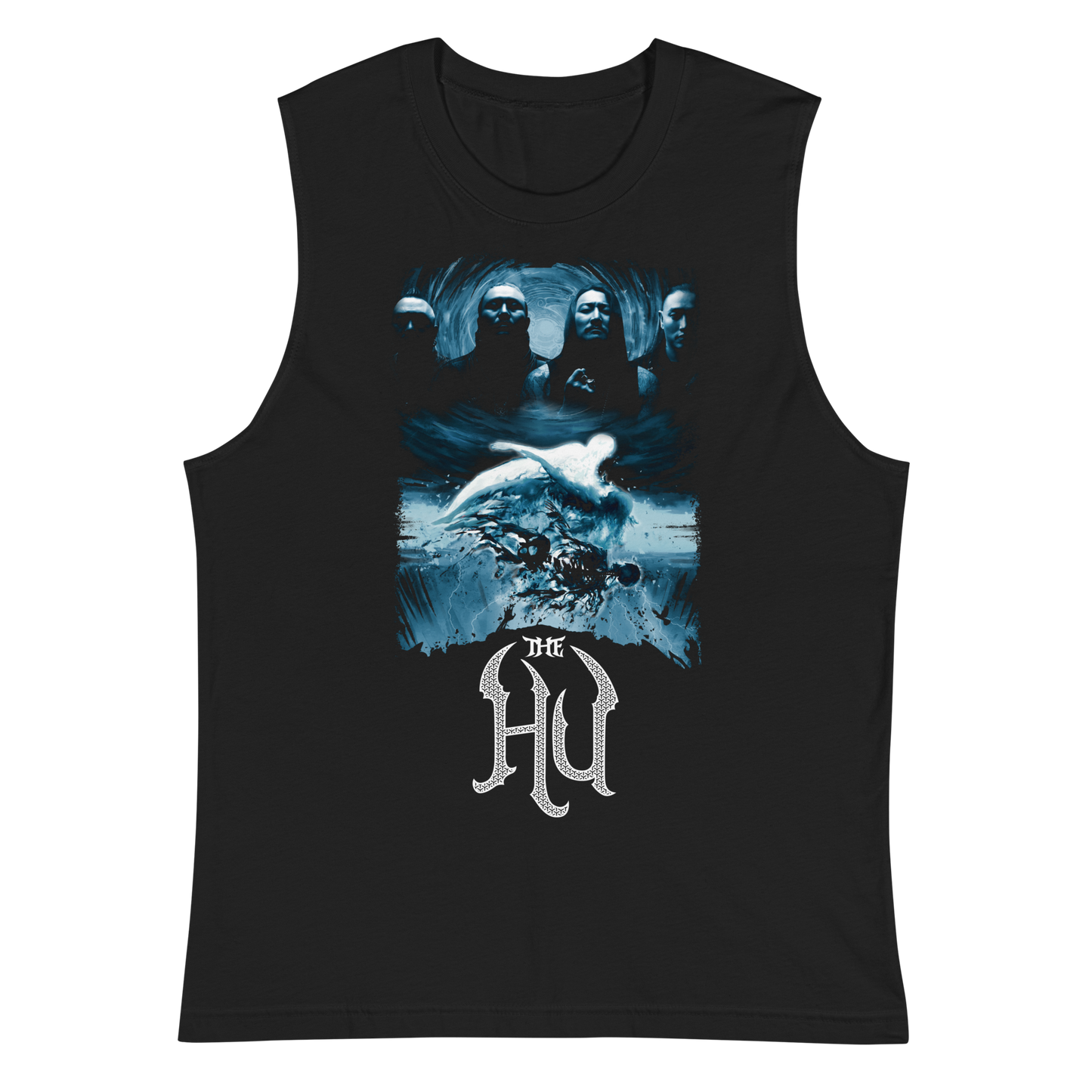 Black sleeveless shirt with graphic design and 'The HU' logo on a white background