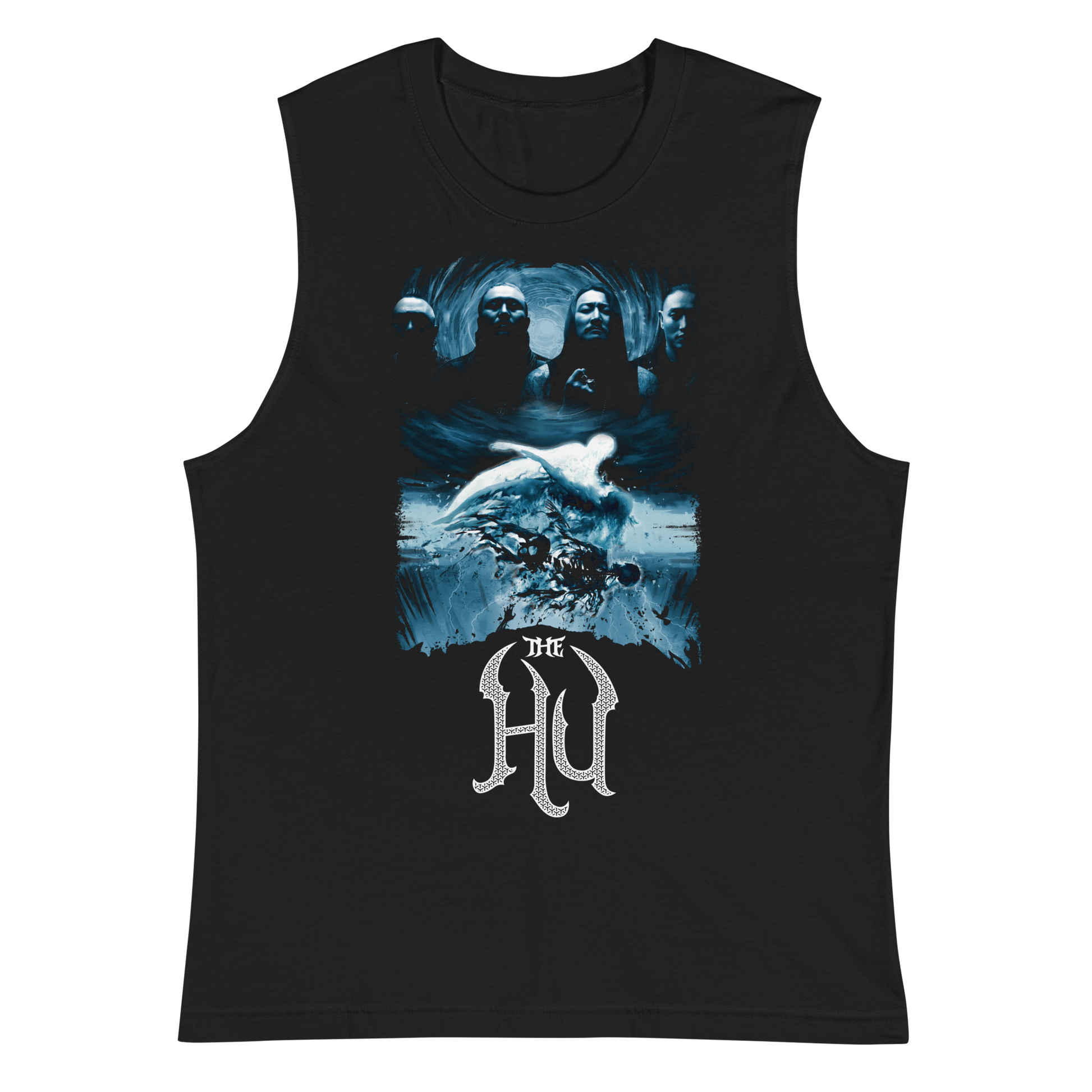 Black sleeveless shirt with graphic design and 'The HU' logo on a white background