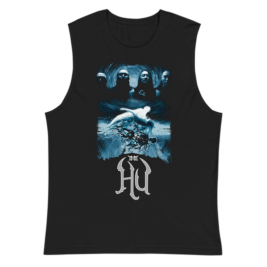 Black sleeveless shirt with graphic design and 'The HU' logo on a white background
